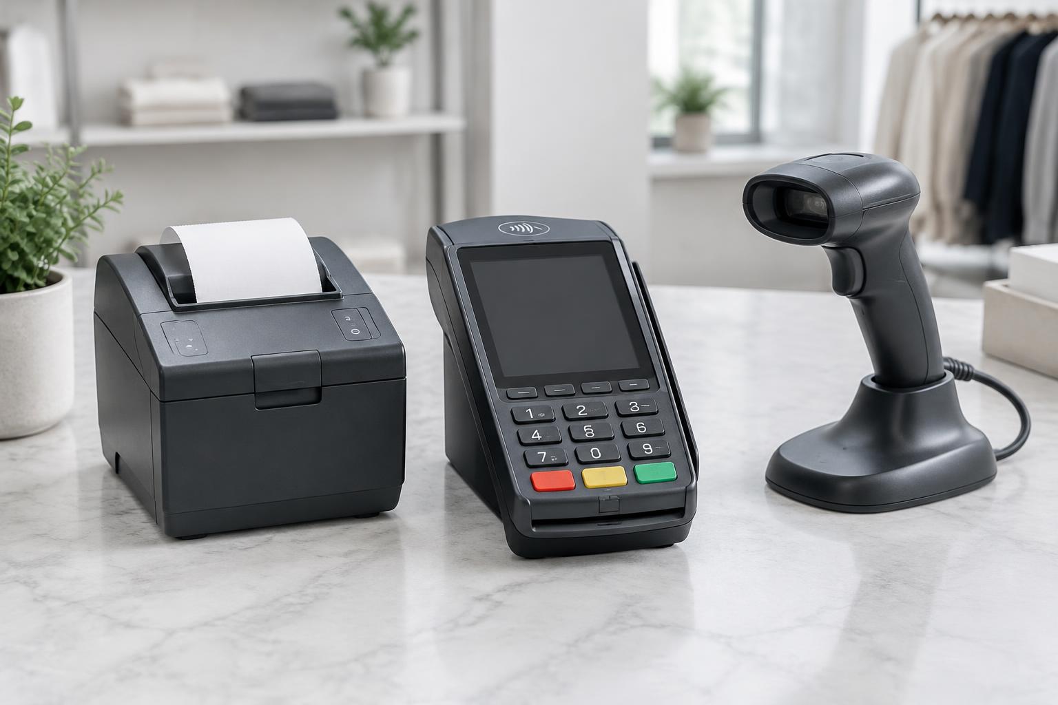 Contactless payment terminal, receipt printer and barcode scanner