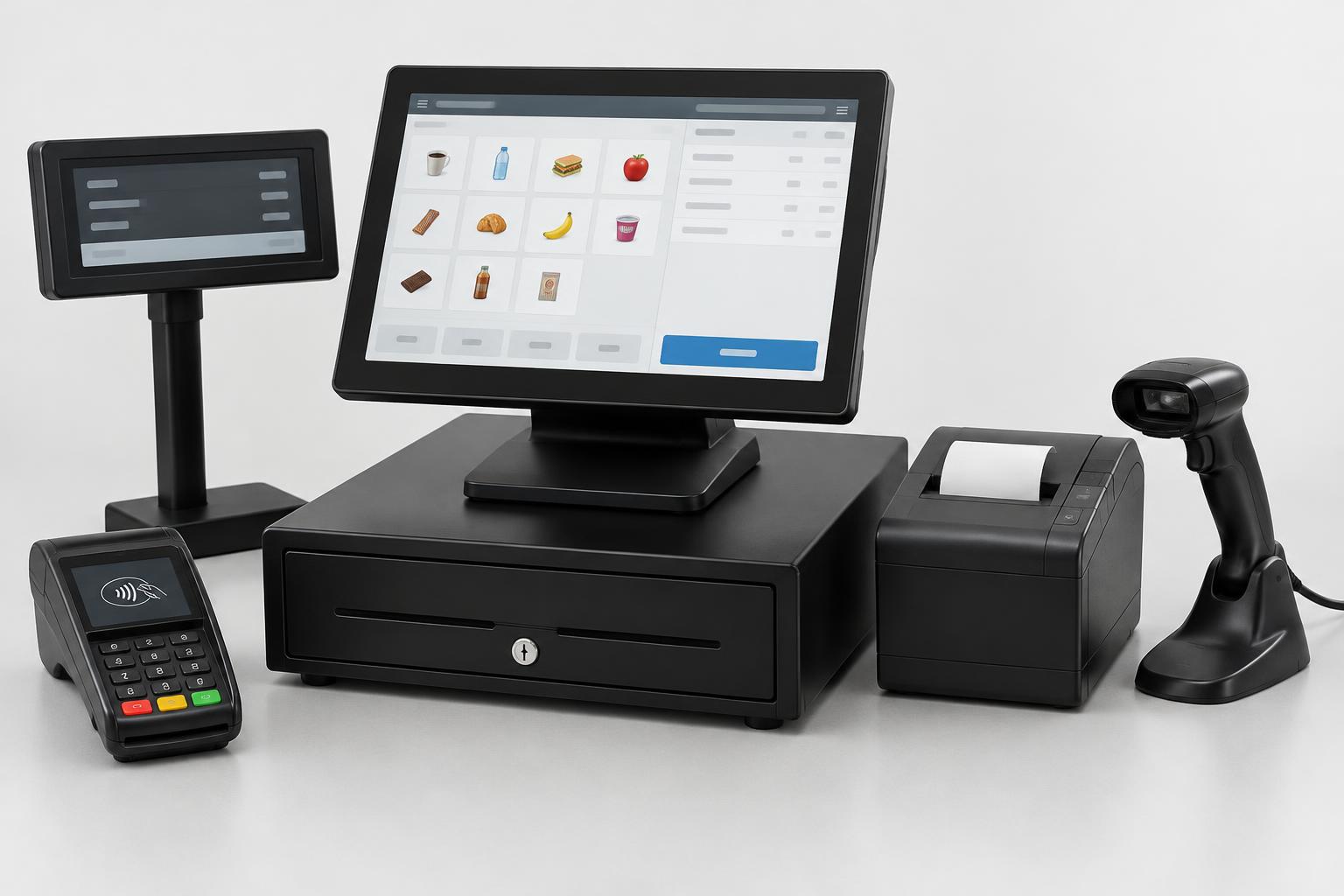 POS register, customer display, payment terminal, scanner and receipt printer